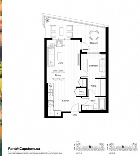 Floor plan for 1 bed, 1 bath, 637 sqft